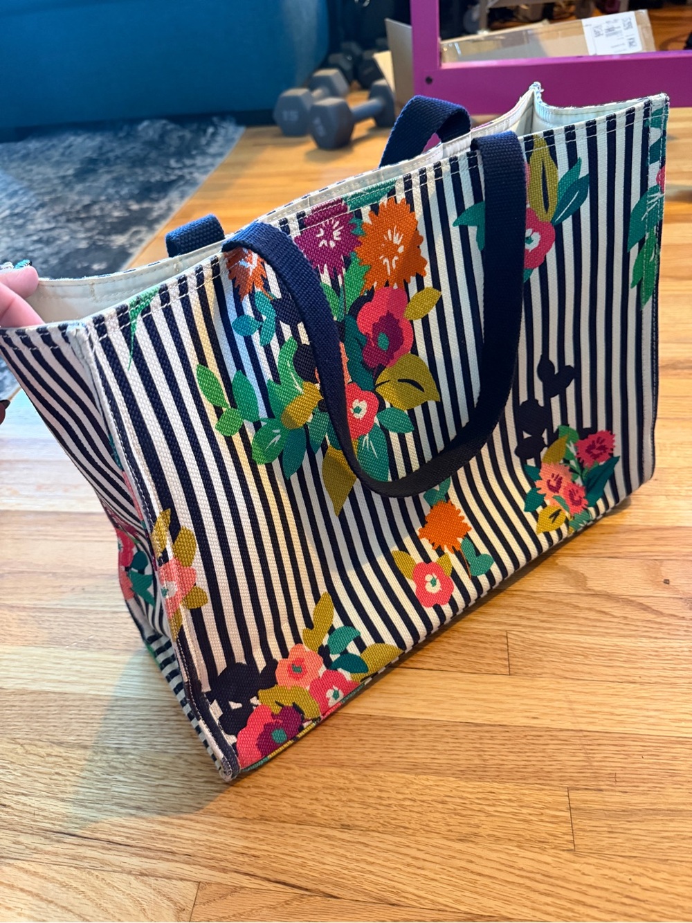 Spartina 449 Large Navy Stripe Floral Tote with Pink & Green Accents